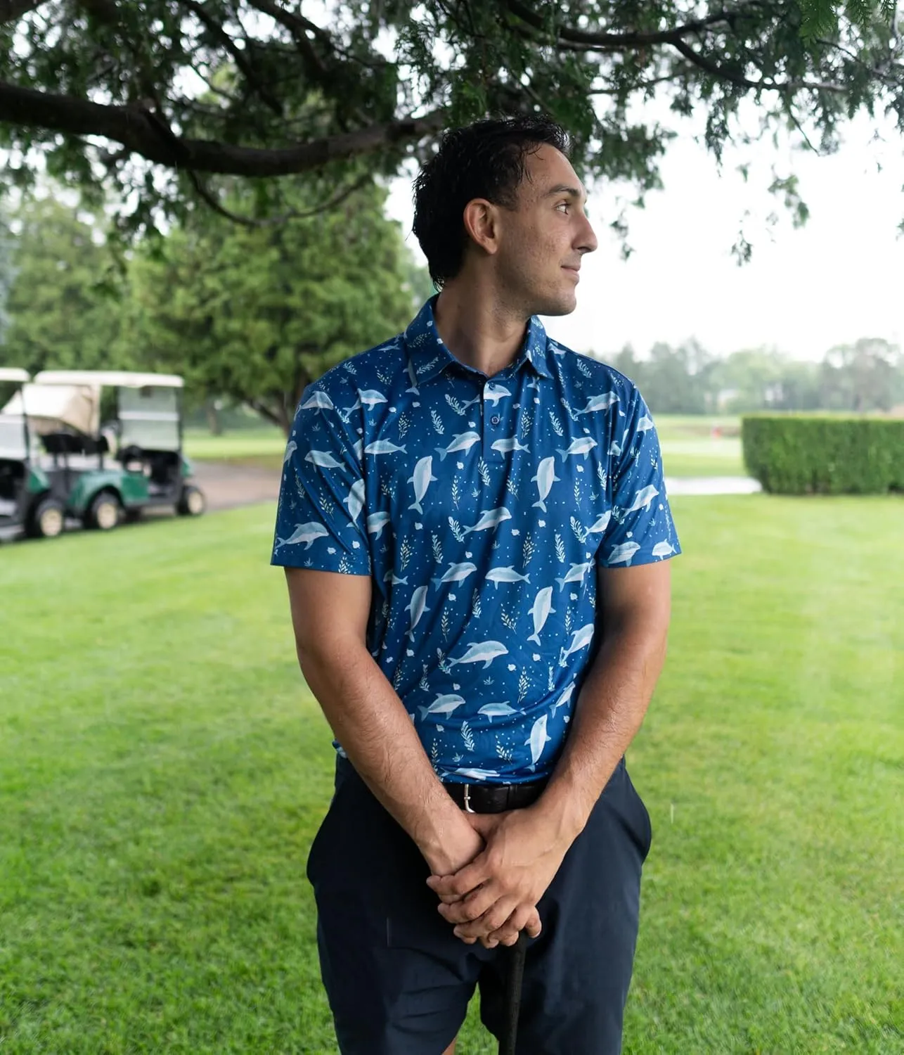 Fun Golf Shirts for Men- Mens Performance Dry-Fit Golf Polo  UPF 50  Sun Protection Funny Hawaiian Print Short Sleeve Shirt
