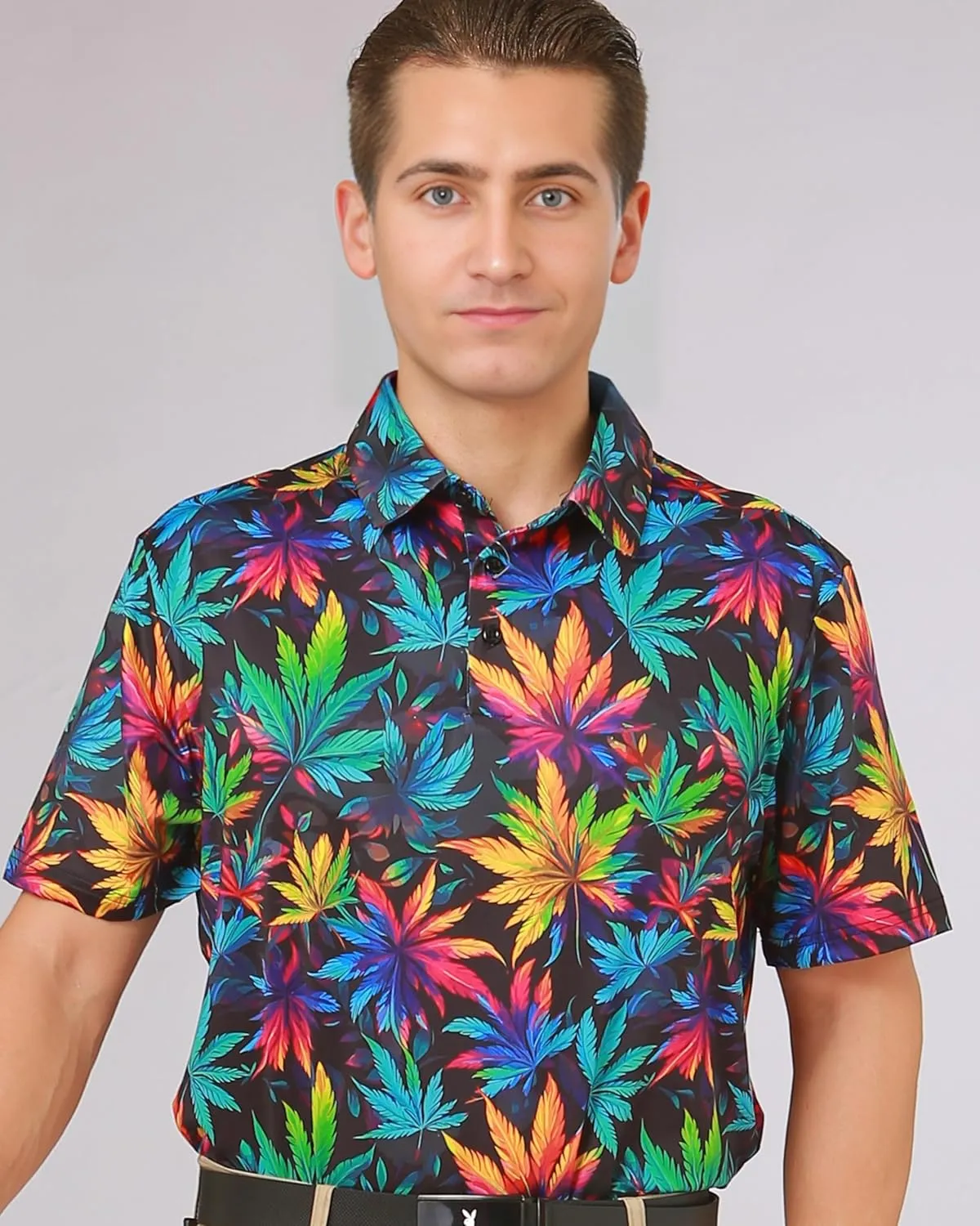 Fun Golf Shirts for Men- Mens Performance Dry-Fit Golf Polo  UPF 50  Sun Protection Funny Hawaiian Print Short Sleeve Shirt