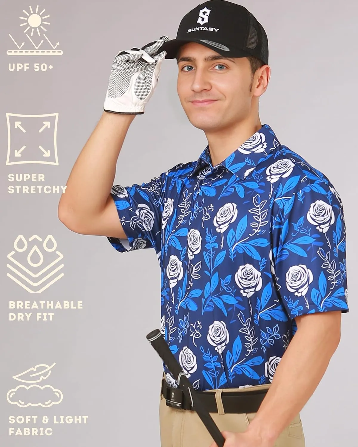 Fun Golf Shirts for Men- Mens Performance Dry-Fit Golf Polo  UPF 50  Sun Protection Funny Hawaiian Print Short Sleeve Shirt