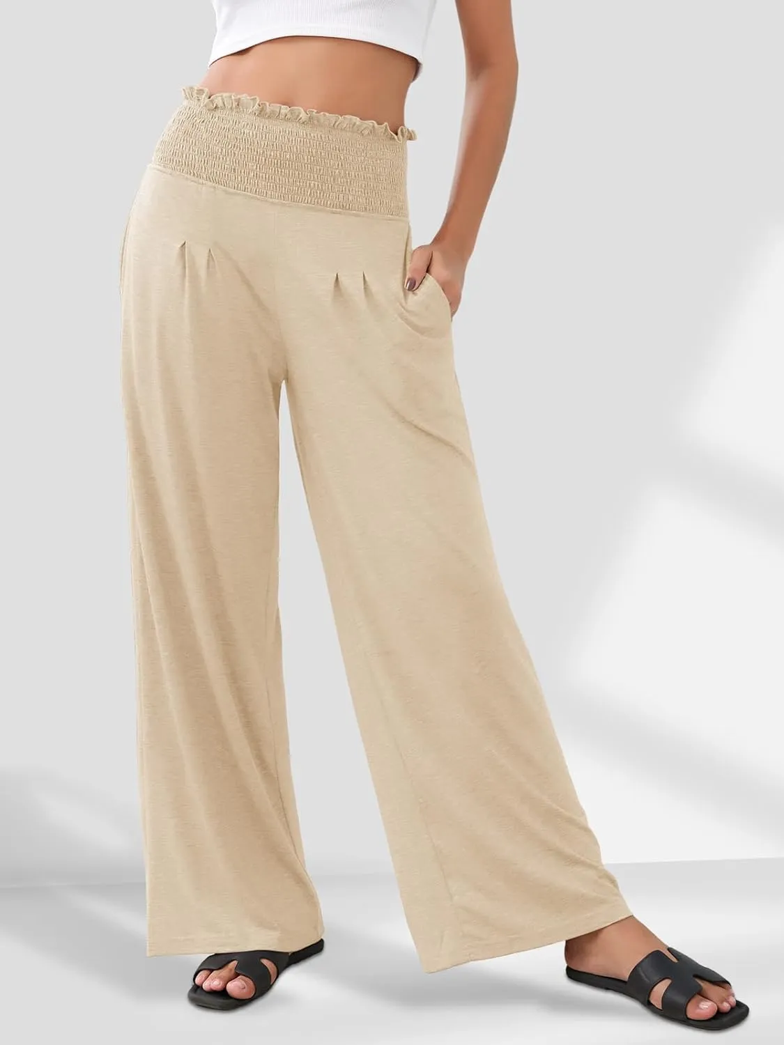 GEMLON Women's Palazzo Pants High Waisted Elastic Wide Leg Casual Lounge Pants with Pockets