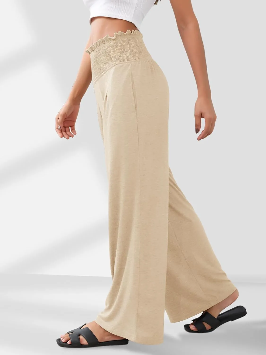 GEMLON Women's Palazzo Pants High Waisted Elastic Wide Leg Casual Lounge Pants with Pockets