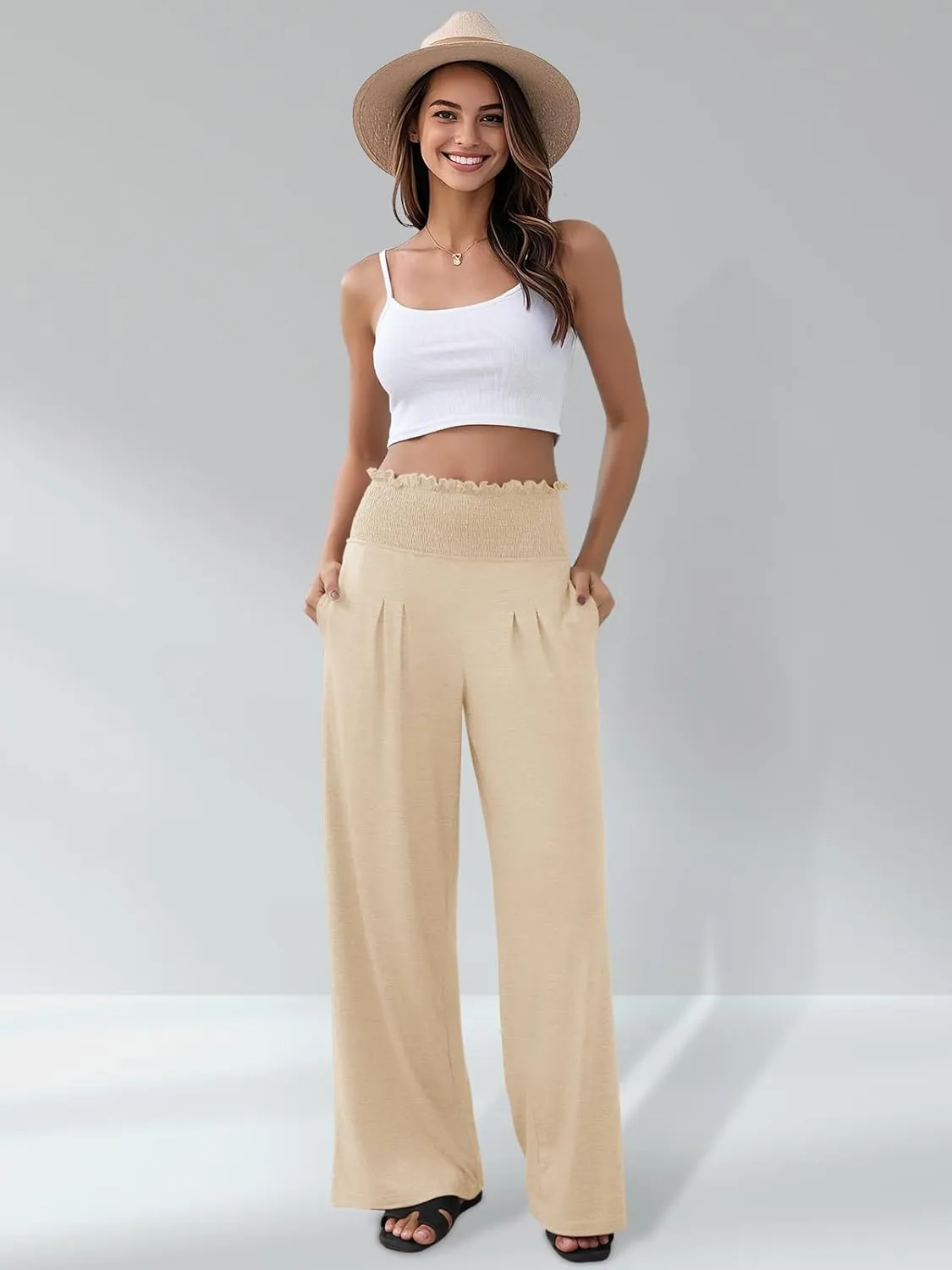 GEMLON Women's Palazzo Pants High Waisted Elastic Wide Leg Casual Lounge Pants with Pockets