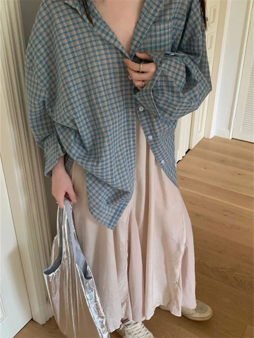 Girlary Blue Plaid Shirts Women Autumn Chic Loose Oversize Fashion Slim New Full Sleeve Casual Daily All Match Gentle OL