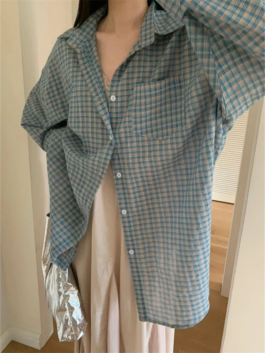 Girlary Blue Plaid Shirts Women Autumn Chic Loose Oversize Fashion Slim New Full Sleeve Casual Daily All Match Gentle OL