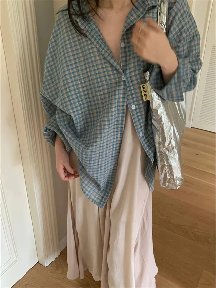 Girlary Blue Plaid Shirts Women Autumn Chic Loose Oversize Fashion Slim New Full Sleeve Casual Daily All Match Gentle OL