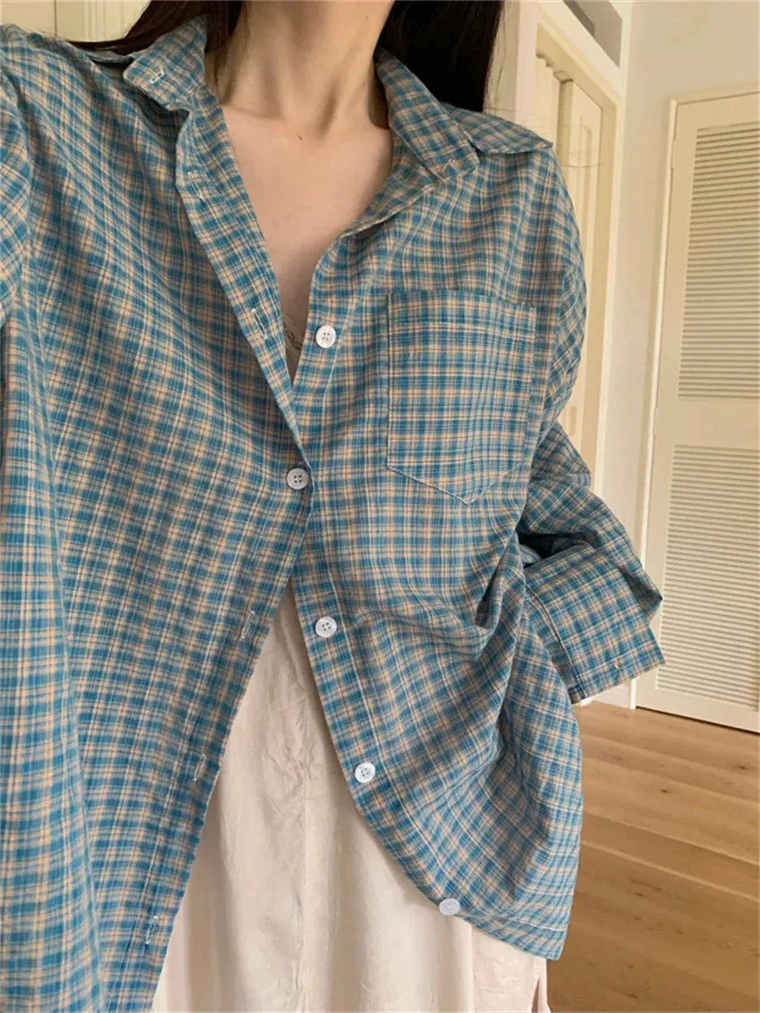 Girlary Blue Plaid Shirts Women Autumn Chic Loose Oversize Fashion Slim New Full Sleeve Casual Daily All Match Gentle OL