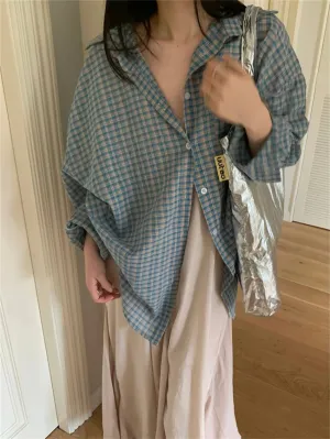 Girlary Blue Plaid Shirts Women Autumn Chic Loose Oversize Fashion Slim New Full Sleeve Casual Daily All Match Gentle OL