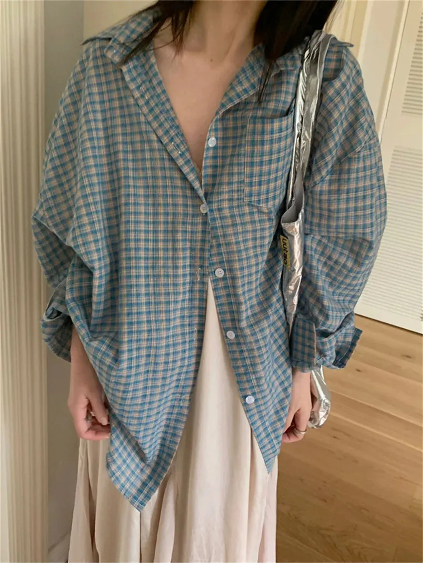 Girlary Blue Plaid Shirts Women Autumn Chic Loose Oversize Fashion Slim New Full Sleeve Casual Daily All Match Gentle OL