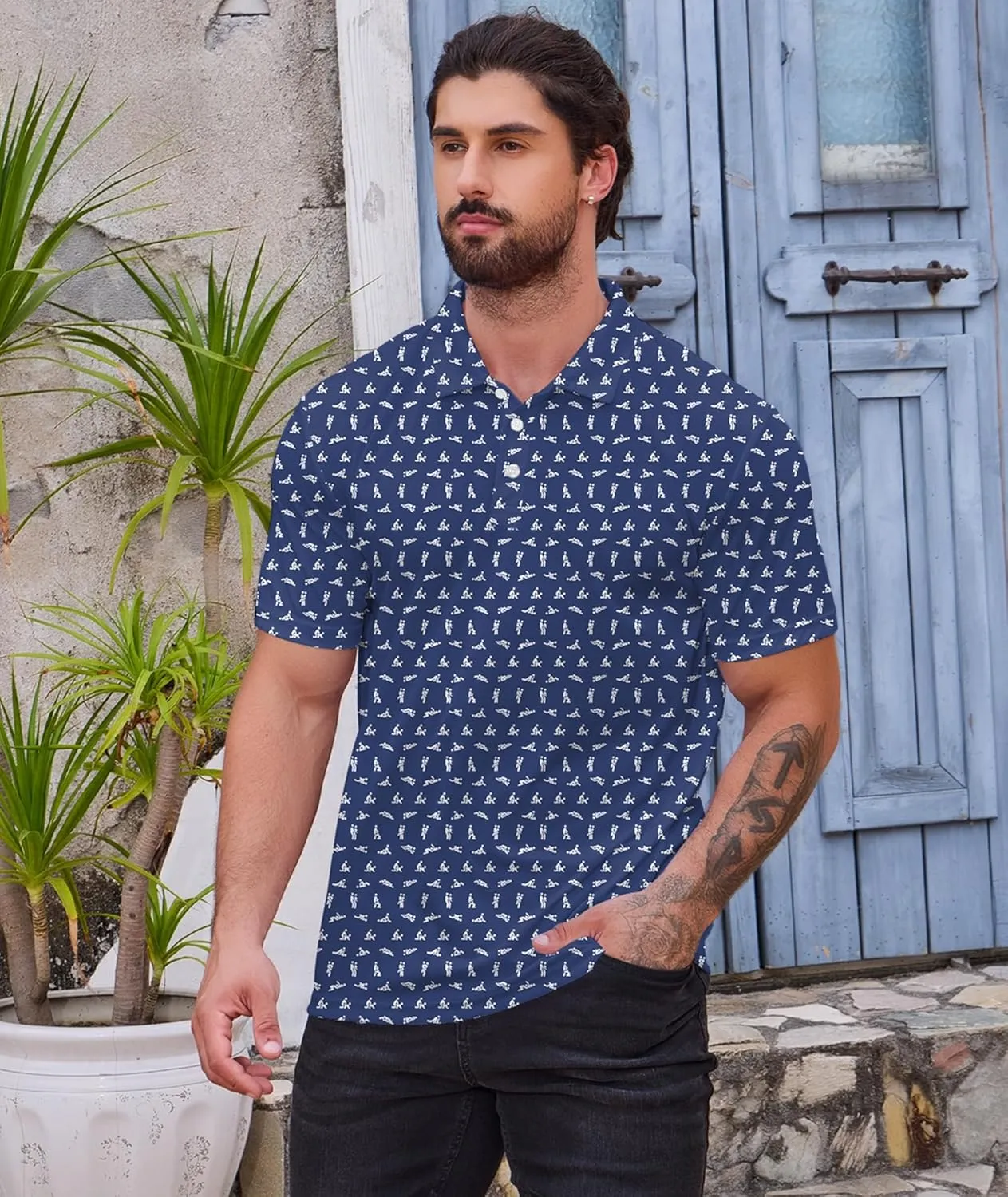 Golf Polo Shirts for Men Funny Print Short Sleeve Golf Shirts Performance Golf Polos