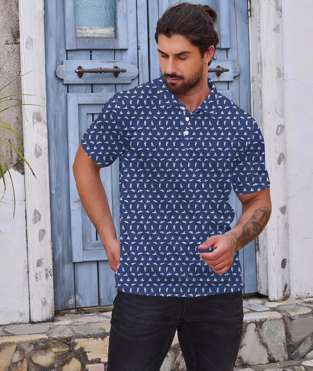 Golf Polo Shirts for Men Funny Print Short Sleeve Golf Shirts Performance Golf Polos