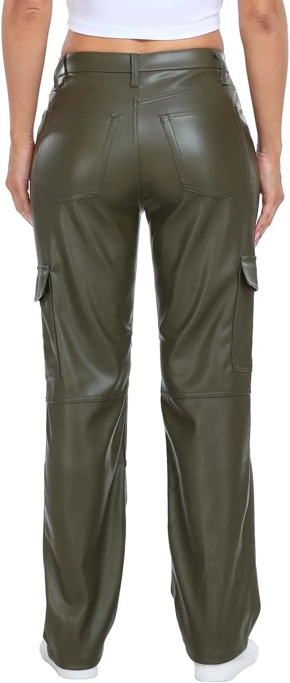HDE Women's Faux Leather Cargo Pants with Pockets High Waisted Y2K Relaxed Pant
