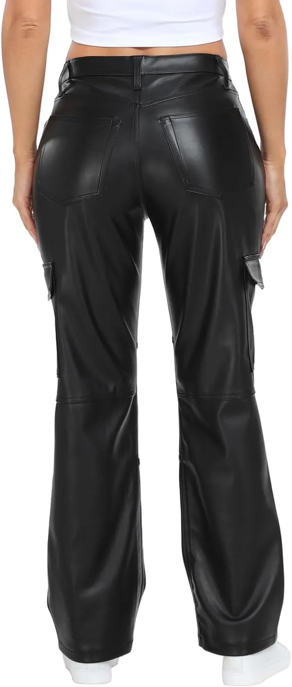 HDE Women's Faux Leather Cargo Pants with Pockets High Waisted Y2K Relaxed Pant