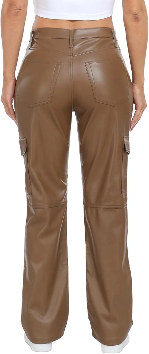 HDE Women's Faux Leather Cargo Pants with Pockets High Waisted Y2K Relaxed Pant