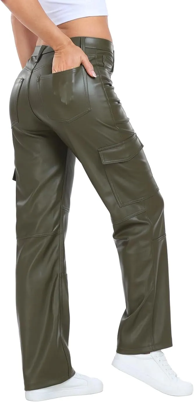 HDE Women's Faux Leather Cargo Pants with Pockets High Waisted Y2K Relaxed Pant