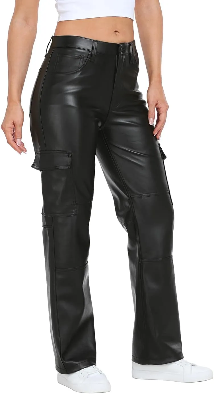 HDE Women's Faux Leather Cargo Pants with Pockets High Waisted Y2K Relaxed Pant