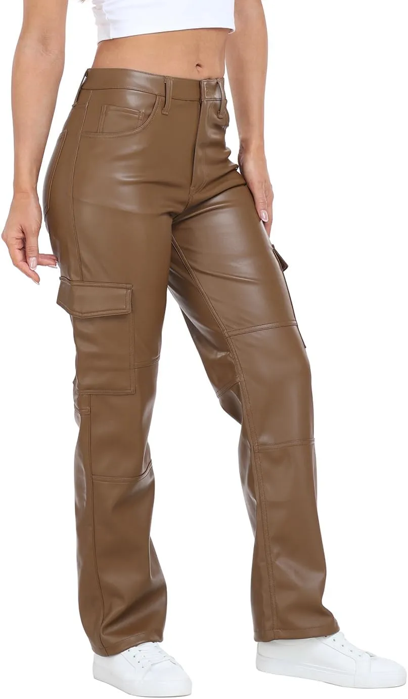 HDE Women's Faux Leather Cargo Pants with Pockets High Waisted Y2K Relaxed Pant