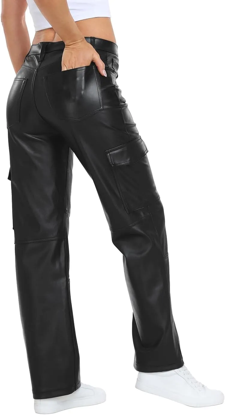 HDE Women's Faux Leather Cargo Pants with Pockets High Waisted Y2K Relaxed Pant