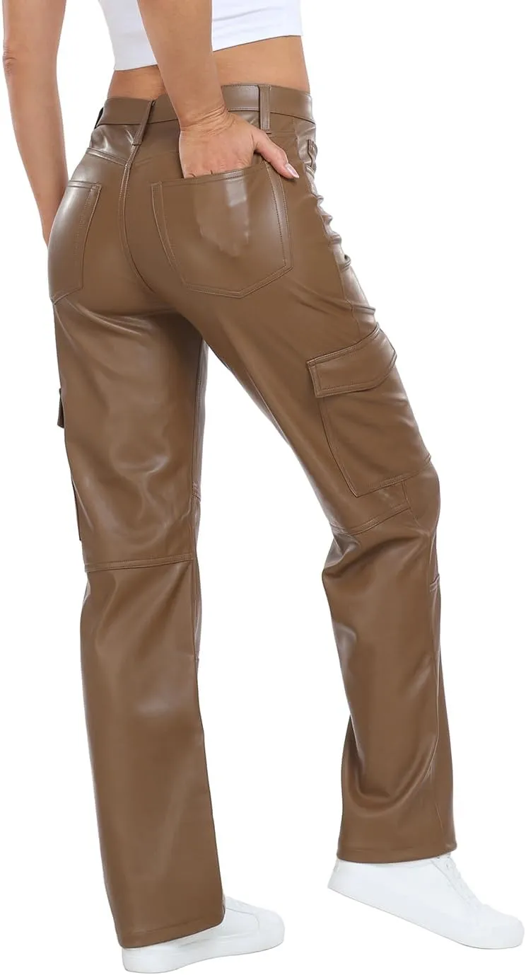HDE Women's Faux Leather Cargo Pants with Pockets High Waisted Y2K Relaxed Pant