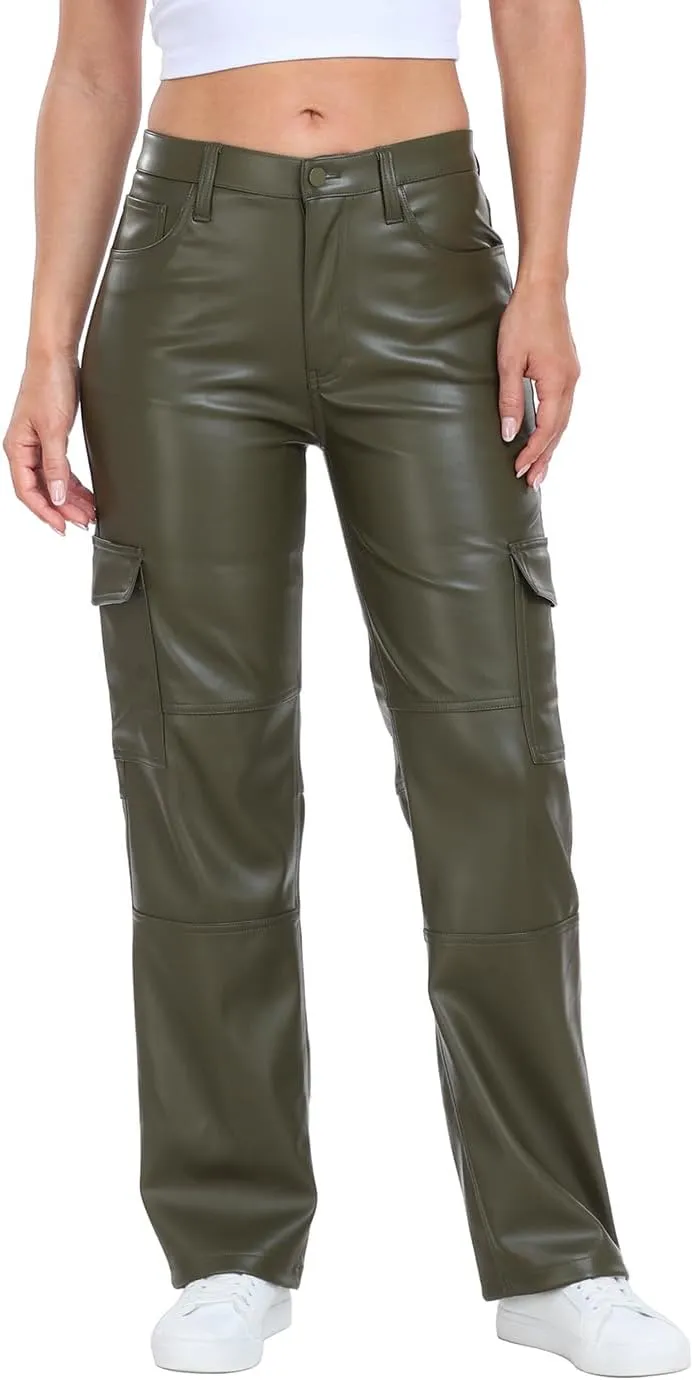HDE Women's Faux Leather Cargo Pants with Pockets High Waisted Y2K Relaxed Pant