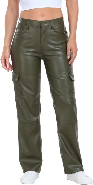 HDE Women's Faux Leather Cargo Pants with Pockets High Waisted Y2K Relaxed Pant