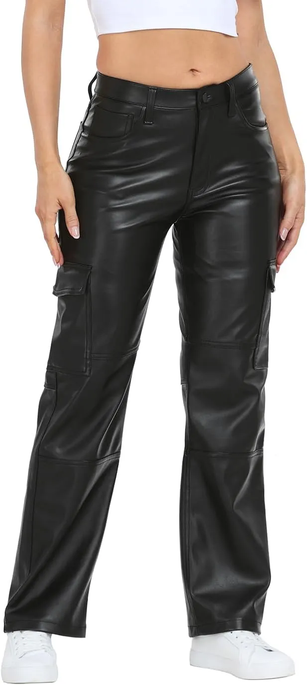 HDE Women's Faux Leather Cargo Pants with Pockets High Waisted Y2K Relaxed Pant