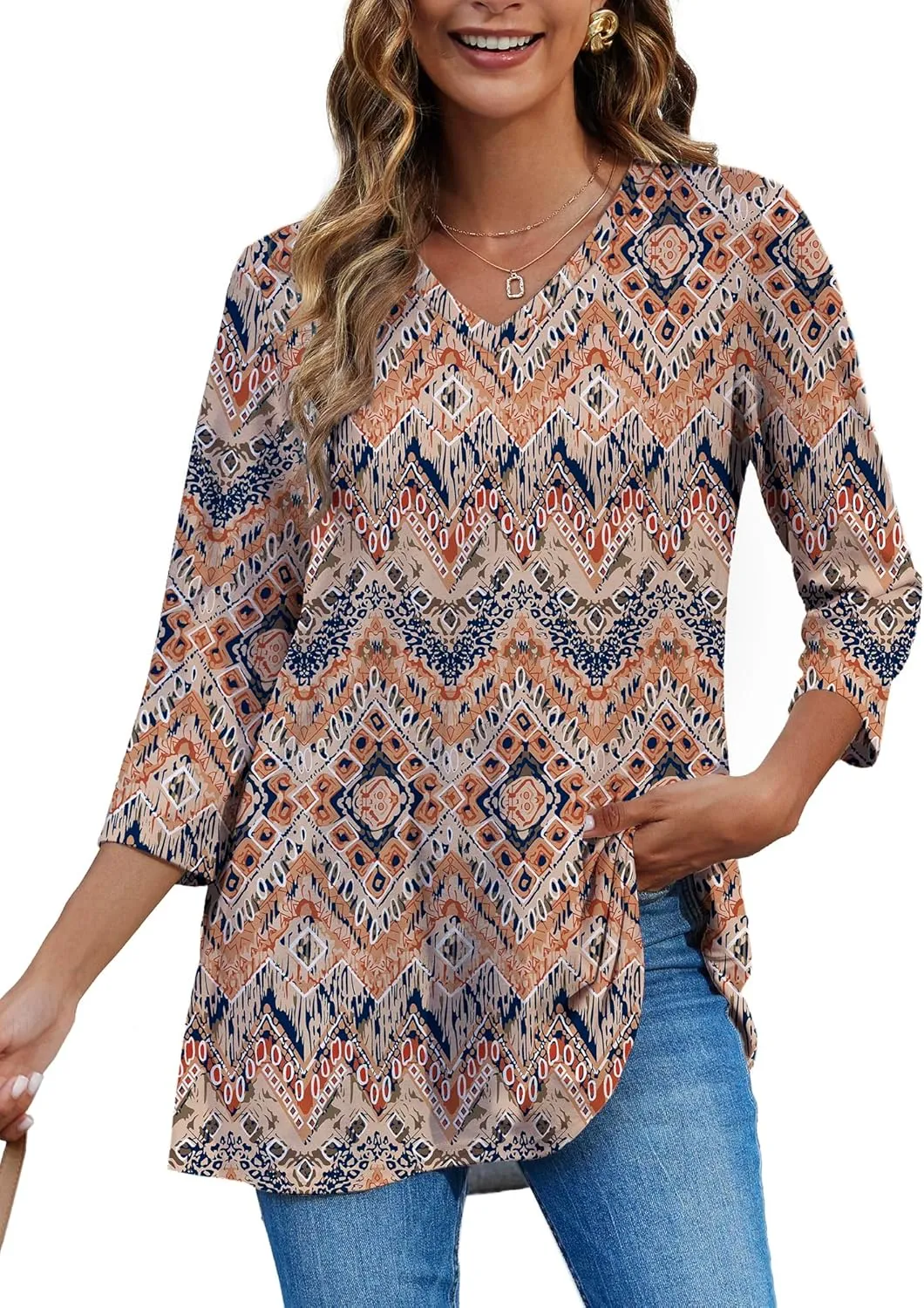 HDLTE 3/4 Length Sleeve Womens Tops V Neck Loose Fit Flowy Oversized Tshirts Floral Swing Flare Tunics