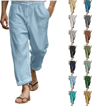 Linen Pants Men Casual Elastic Waist Straight Leg Capri Pants Comfort Breathable Summer Beach Wedding Cropped Trouser