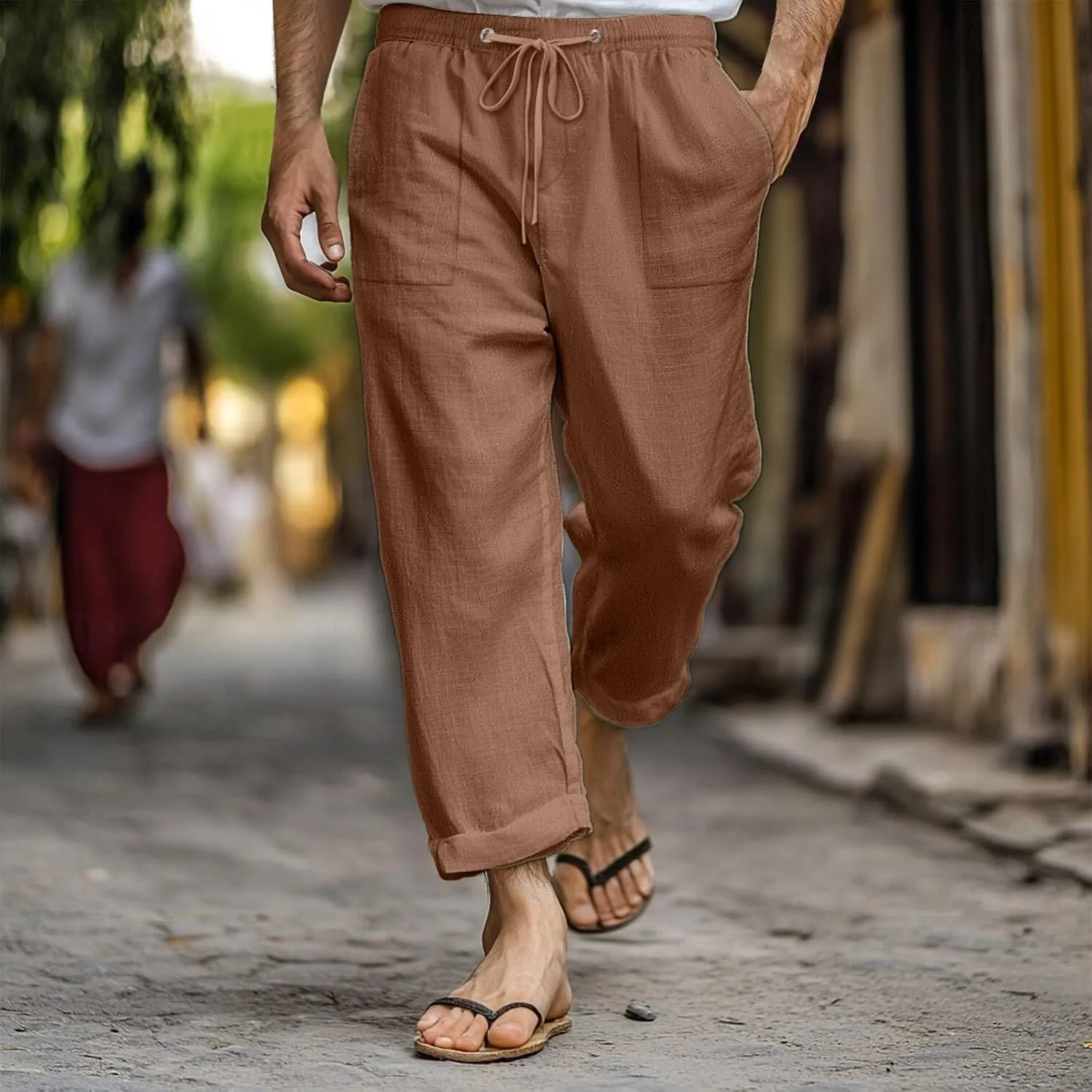 Linen Pants Men Casual Elastic Waist Straight Leg Capri Pants Comfort Breathable Summer Beach Wedding Cropped Trouser