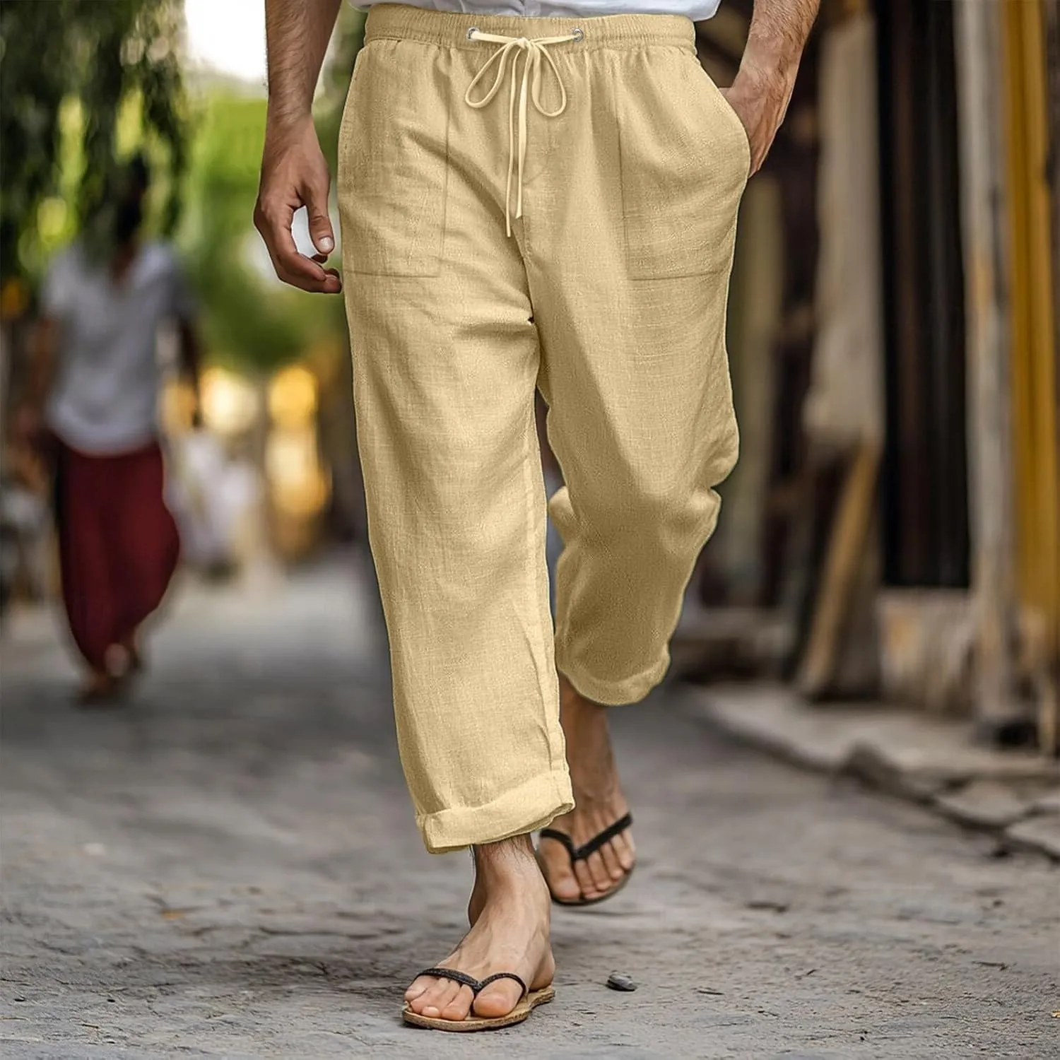 Linen Pants Men Casual Elastic Waist Straight Leg Capri Pants Comfort Breathable Summer Beach Wedding Cropped Trouser