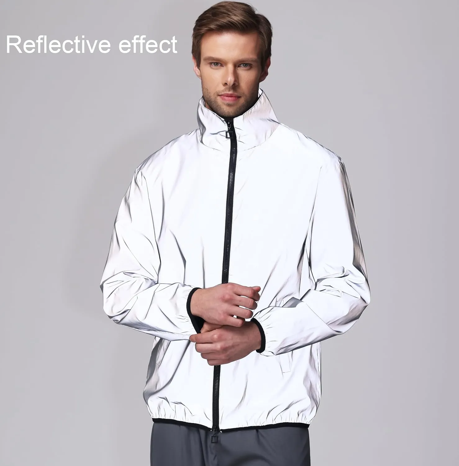 LZLRUN Mens Reflective Jacket Windbreakers Rave High Visibility Holographic Coat Outfit