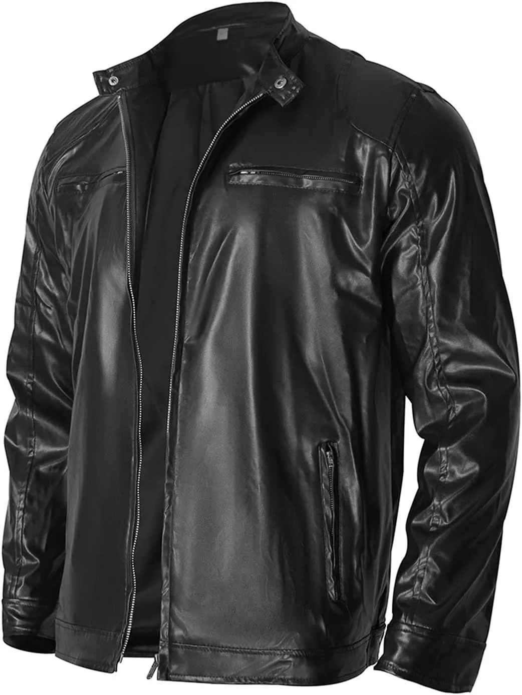 Maiyifu-GJ Men Stand Collar Faux Leather Jacket PU Vintage Zip Up Motorcycle Coat Casual Lightweight Slim Fit Bomber Outwear