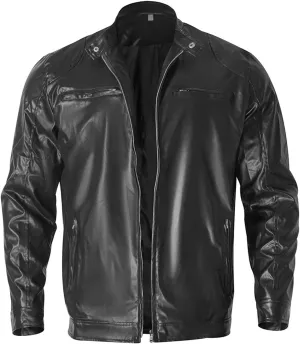 Maiyifu-GJ Men Stand Collar Faux Leather Jacket PU Vintage Zip Up Motorcycle Coat Casual Lightweight Slim Fit Bomber Outwear