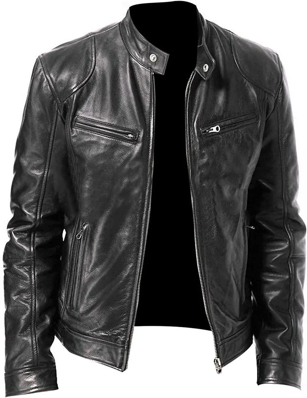 Maiyifu-GJ Men Stand Collar Faux Leather Jacket PU Vintage Zip Up Motorcycle Coat Casual Lightweight Slim Fit Bomber Outwear