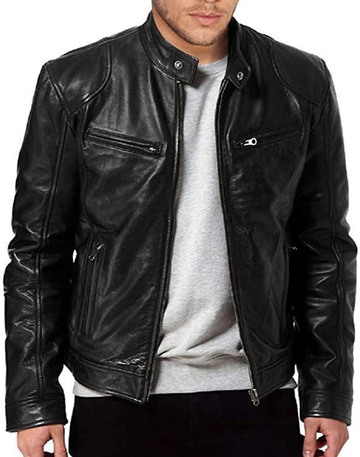 Maiyifu-GJ Men Stand Collar Faux Leather Jacket PU Vintage Zip Up Motorcycle Coat Casual Lightweight Slim Fit Bomber Outwear