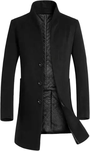 Maiyifu-GJ Mens Casual Mid-Length Trench Coat Single Breasted Slim Business Pea Coats Winter Long Wool Blend Overcoat Jacket