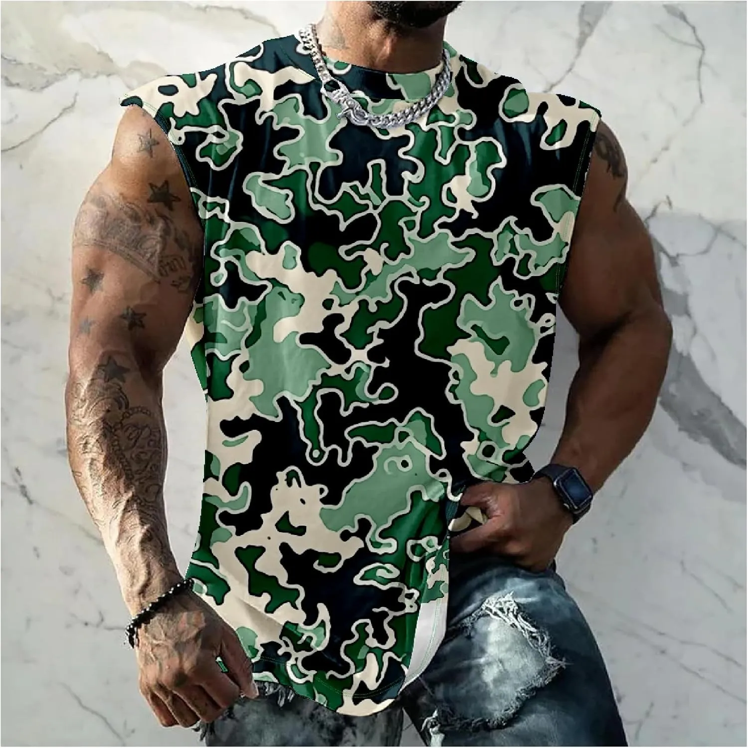 MARSVOVO Hawaiian Shirt for Men Funny Graphic Vintage Summer Sleeveless Crewneck Soft Quick Dry Beach Tank Tops for Men