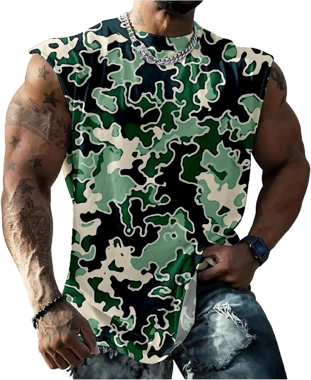 MARSVOVO Hawaiian Shirt for Men Funny Graphic Vintage Summer Sleeveless Crewneck Soft Quick Dry Beach Tank Tops for Men
