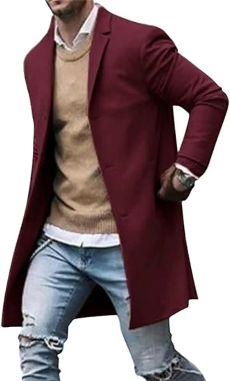 Men Wool Blend Single Breasted Overcoat Winter Slim Long Trench Coat Mid-Length Lightweight Notched Collar Jacket