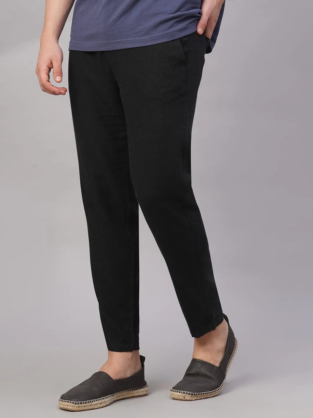 Men's Black Viscose Linen Regular Fit Pant