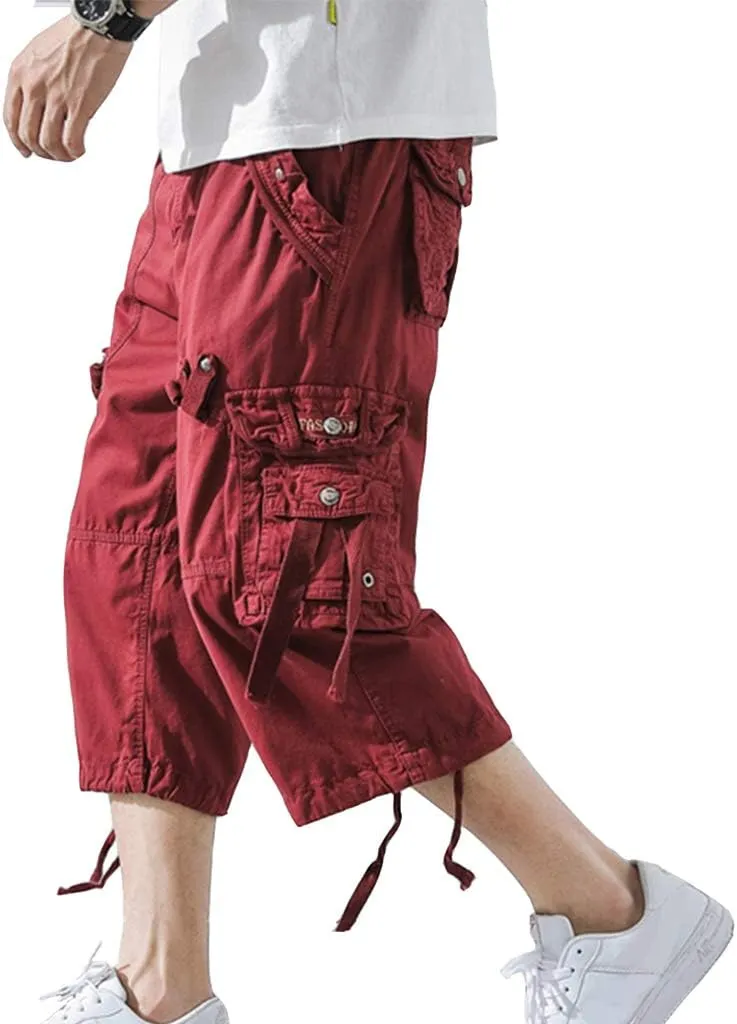 Mens Cargo Shorts 3/4 Relaxed Fit Below Knee Capri Cargo Pants Cotton