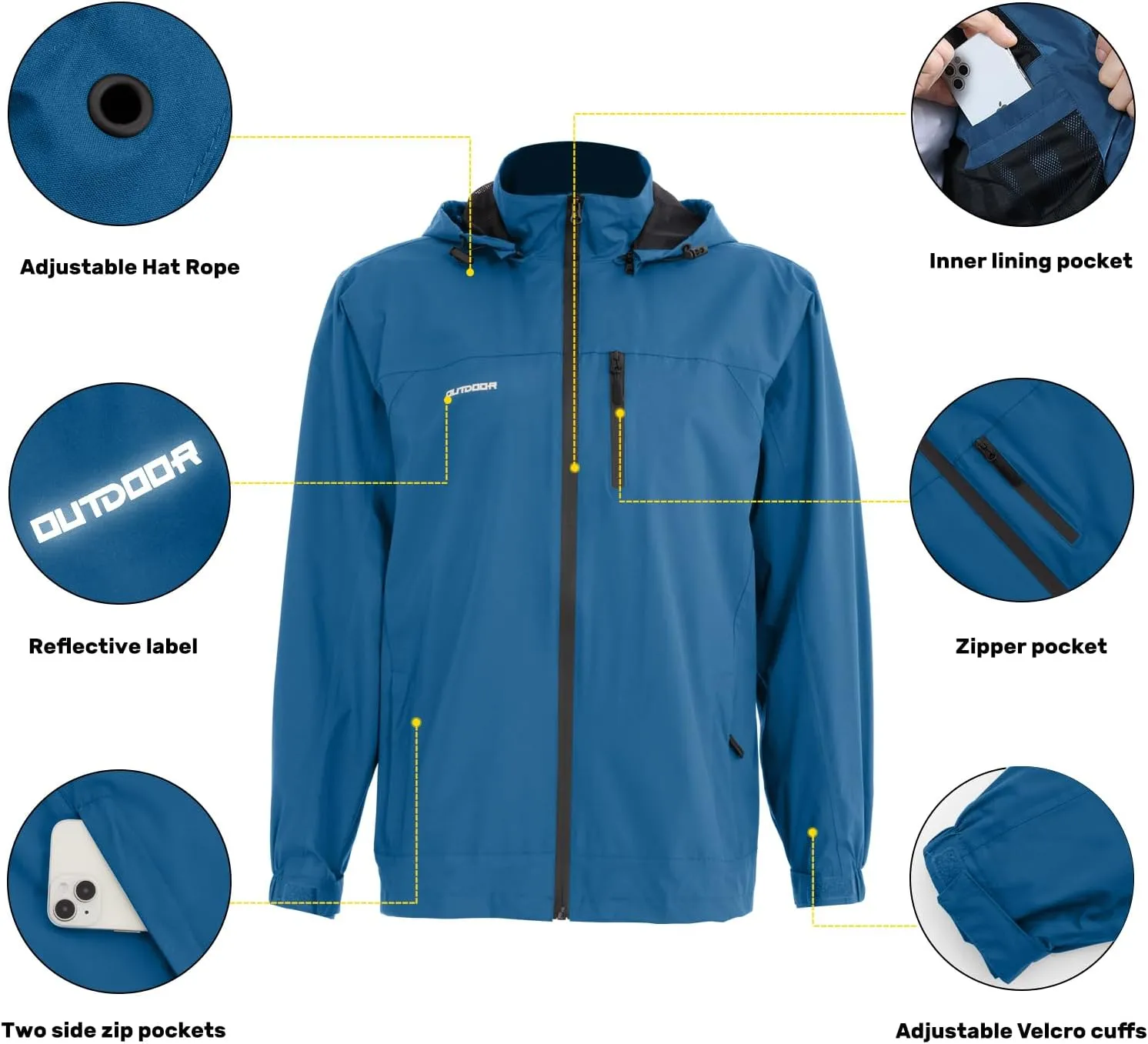 Men's Classic Windbreaker Jacket Lightweight All-Sport Waterproof Hiking Coat Detachable Hooded Windbreakers for Men