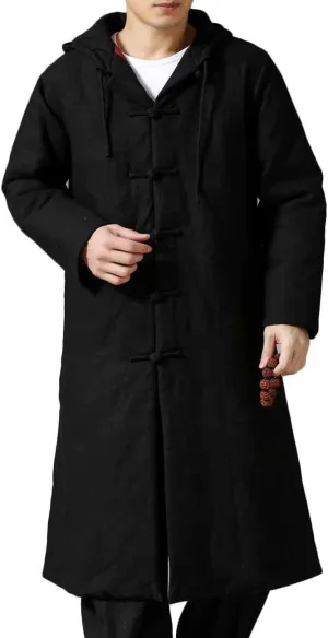 Mens Cotton Padded Winter Jacket Hooded Warm Parka Coat Chinese Style Long Trench Windbreakers (Black, L)