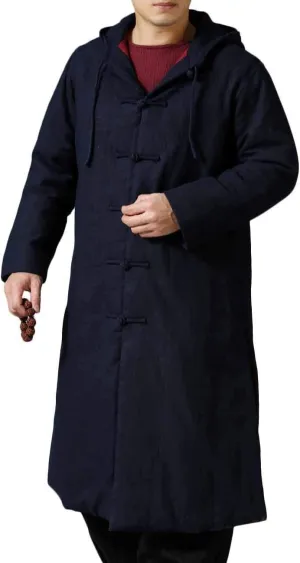 Mens Cotton Padded Winter Jacket Hooded Warm Parka Coat Chinese Style Long Trench Windbreakers (Navy, M)