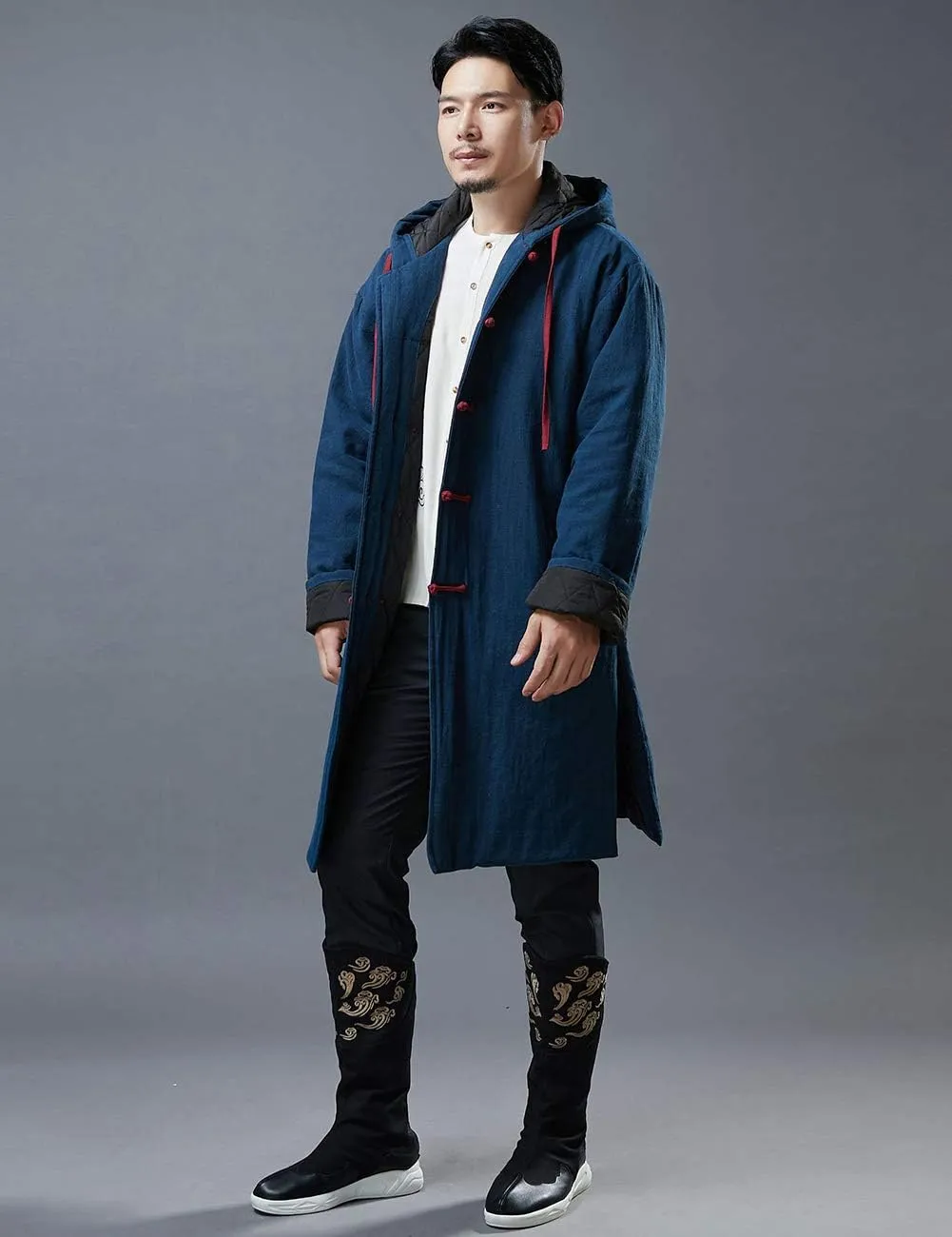 Mens Hooded Warm Winter Thicken Cotton Padded Jacket Chinese Style Cotton Linen Parka Coat Long Trench Windbreakers