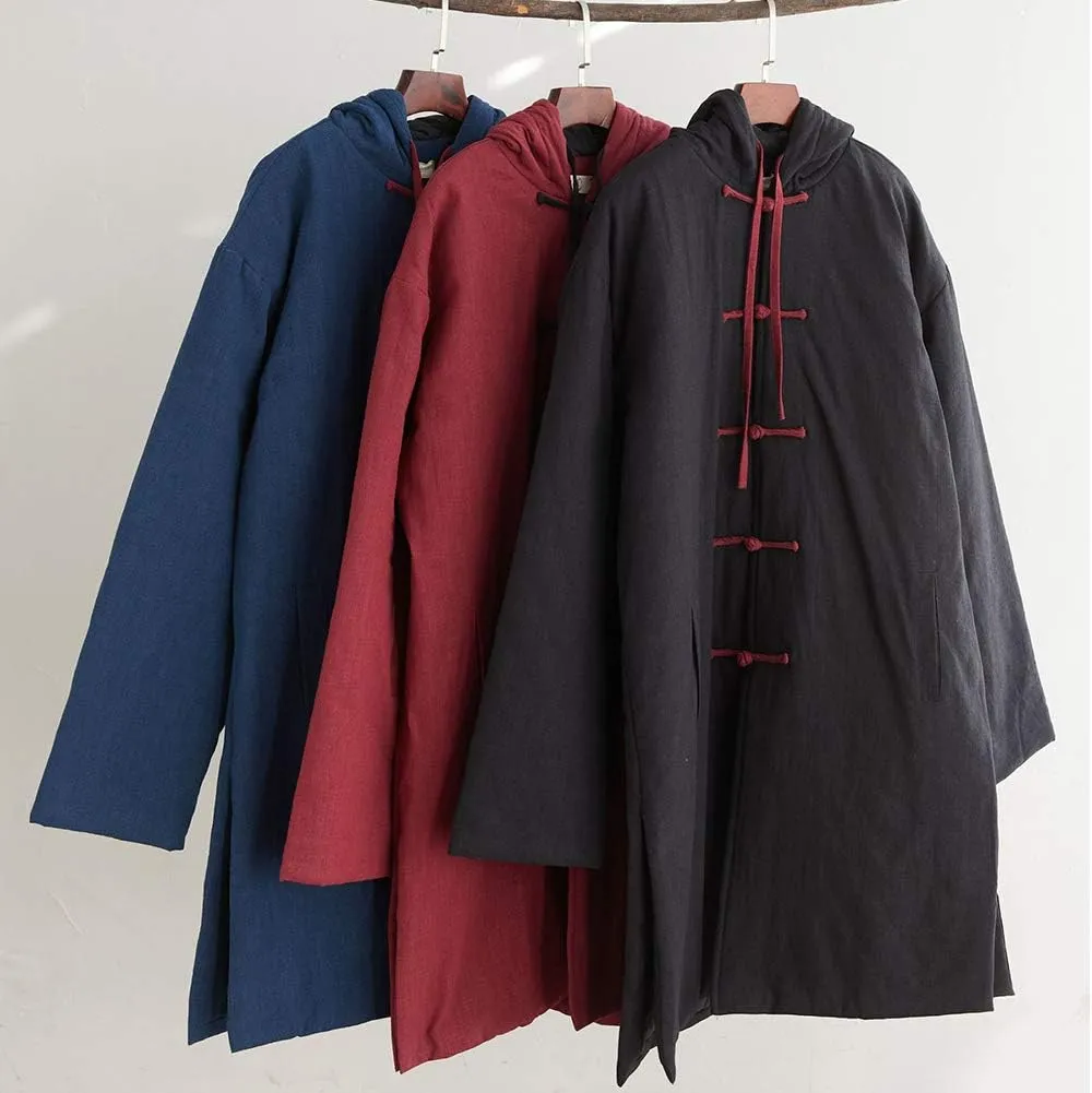 Mens Hooded Warm Winter Thicken Cotton Padded Jacket Chinese Style Cotton Linen Parka Coat Long Trench Windbreakers