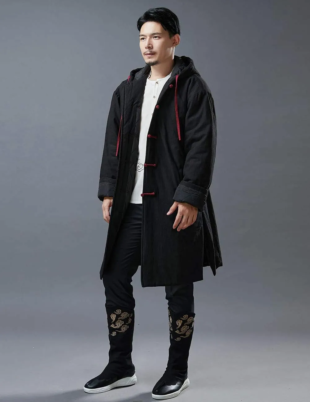 Mens Hooded Warm Winter Thicken Cotton Padded Jacket Chinese Style Cotton Linen Parka Coat Long Trench Windbreakers