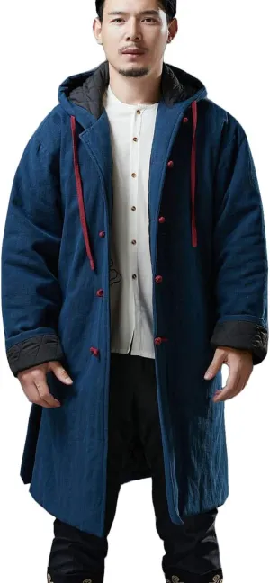 Mens Hooded Warm Winter Thicken Cotton Padded Jacket Chinese Style Cotton Linen Parka Coat Long Trench Windbreakers