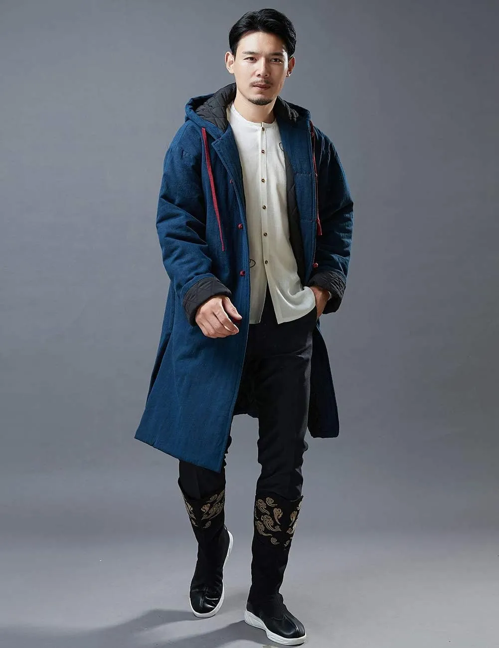 Mens Hooded Warm Winter Thicken Cotton Padded Jacket Chinese Style Cotton Linen Parka Coat Long Trench Windbreakers