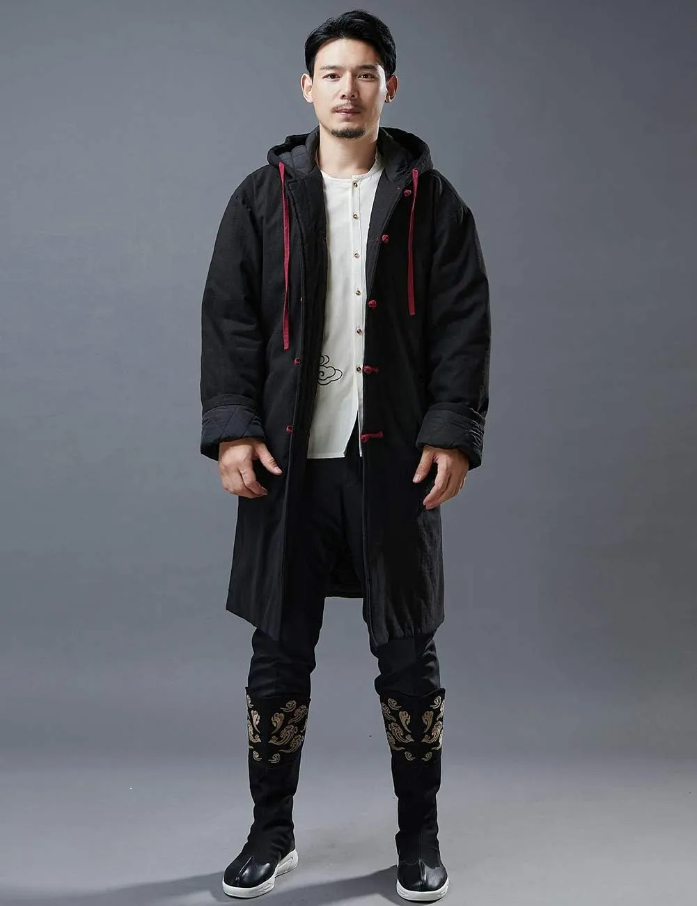 Mens Hooded Warm Winter Thicken Cotton Padded Jacket Chinese Style Cotton Linen Parka Coat Long Trench Windbreakers