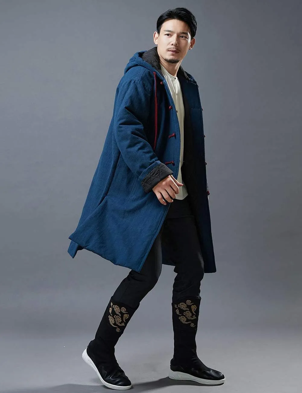 Mens Hooded Warm Winter Thicken Cotton Padded Jacket Chinese Style Cotton Linen Parka Coat Long Trench Windbreakers